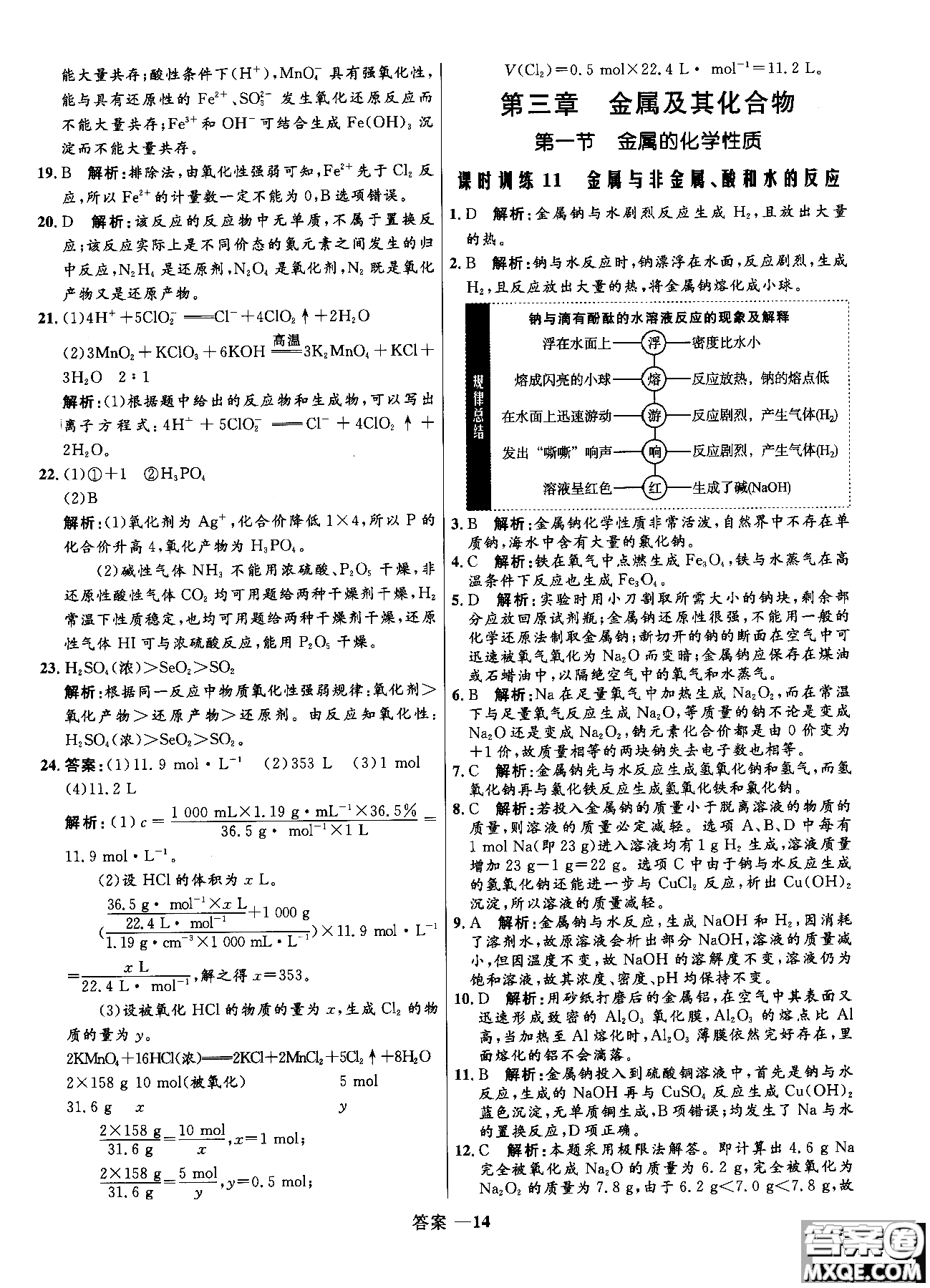 2018全新修訂高中同步測(cè)控優(yōu)化訓(xùn)練人教版化學(xué)必修1參考答案