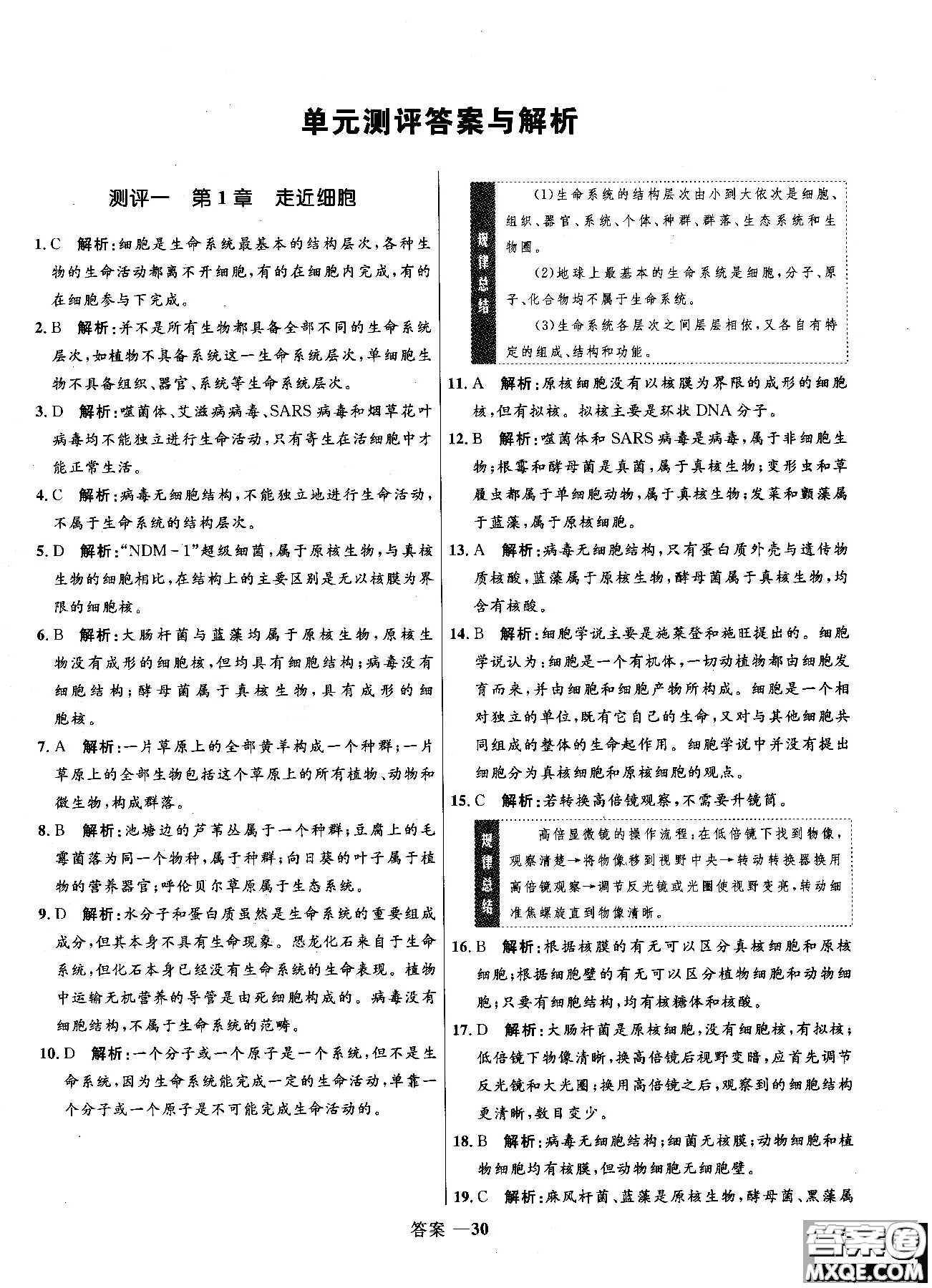 2018高中同步測控優(yōu)化訓練生物必修1人教版RJ參考答案