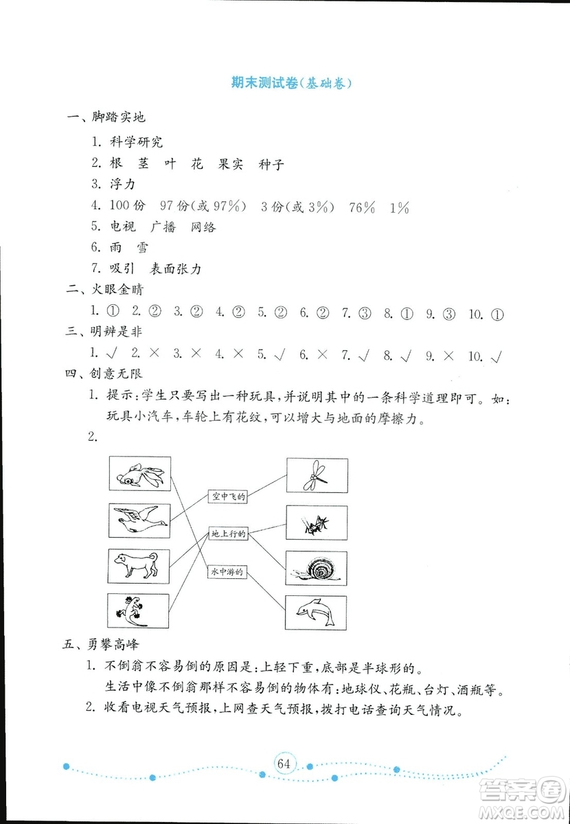 金版2018金鑰匙小學(xué)科學(xué)試卷三年級(jí)上冊(cè)青島版參考答案