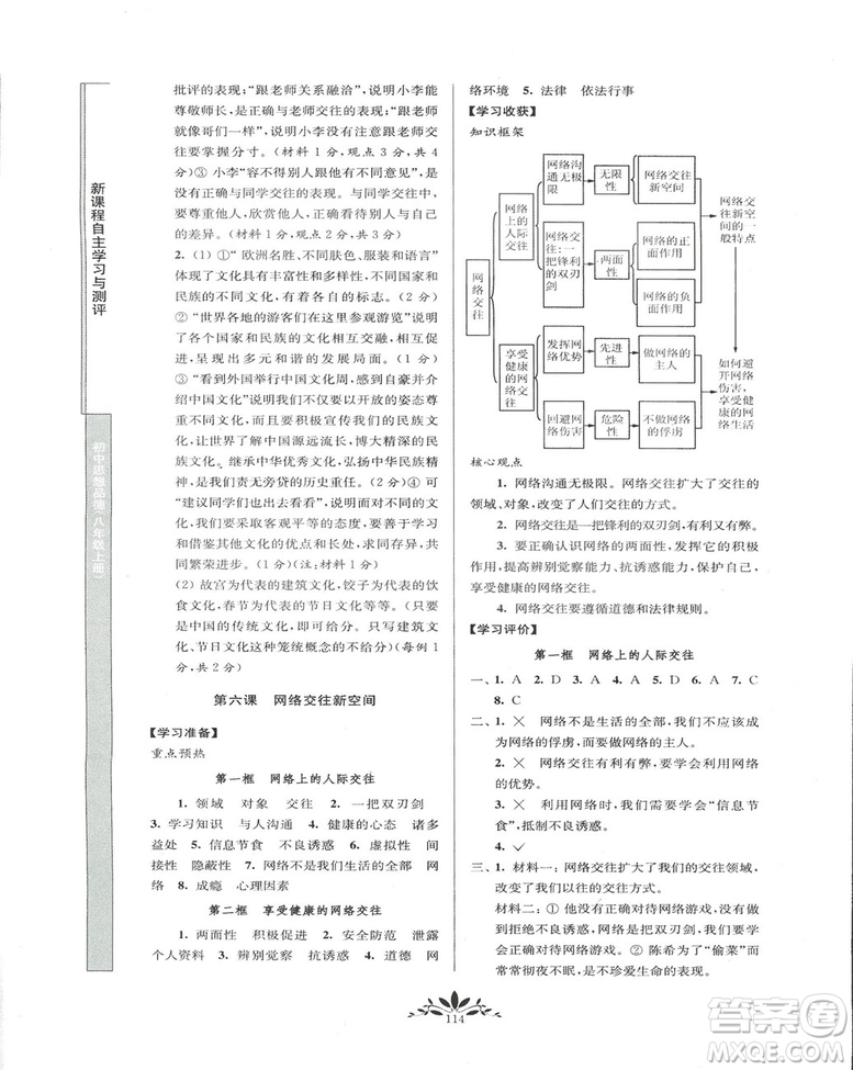 2018秋新課程自主學(xué)習(xí)與測評初中思想品德八年級上冊人教版參考答案