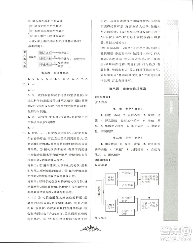 2018秋新課程自主學(xué)習(xí)與測評初中思想品德八年級上冊人教版參考答案