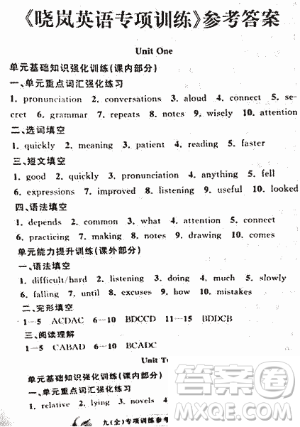 2018曉嵐英語(yǔ)專(zhuān)項(xiàng)訓(xùn)練九年級(jí)全冊(cè)參考答案