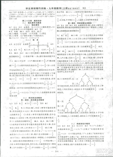 2018版學生課程精巧訓練數學九年級上冊人教RJ版答案