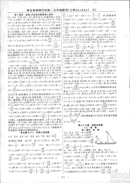 2018版學生課程精巧訓練數學九年級上冊人教RJ版答案