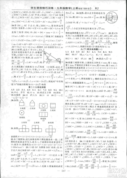 2018版學生課程精巧訓練數學九年級上冊人教RJ版答案