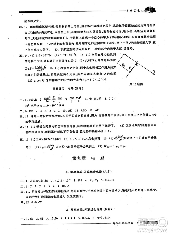 2018版我能考第一金牌一課一練物理試用本高二年級(jí)第一學(xué)期參考答案