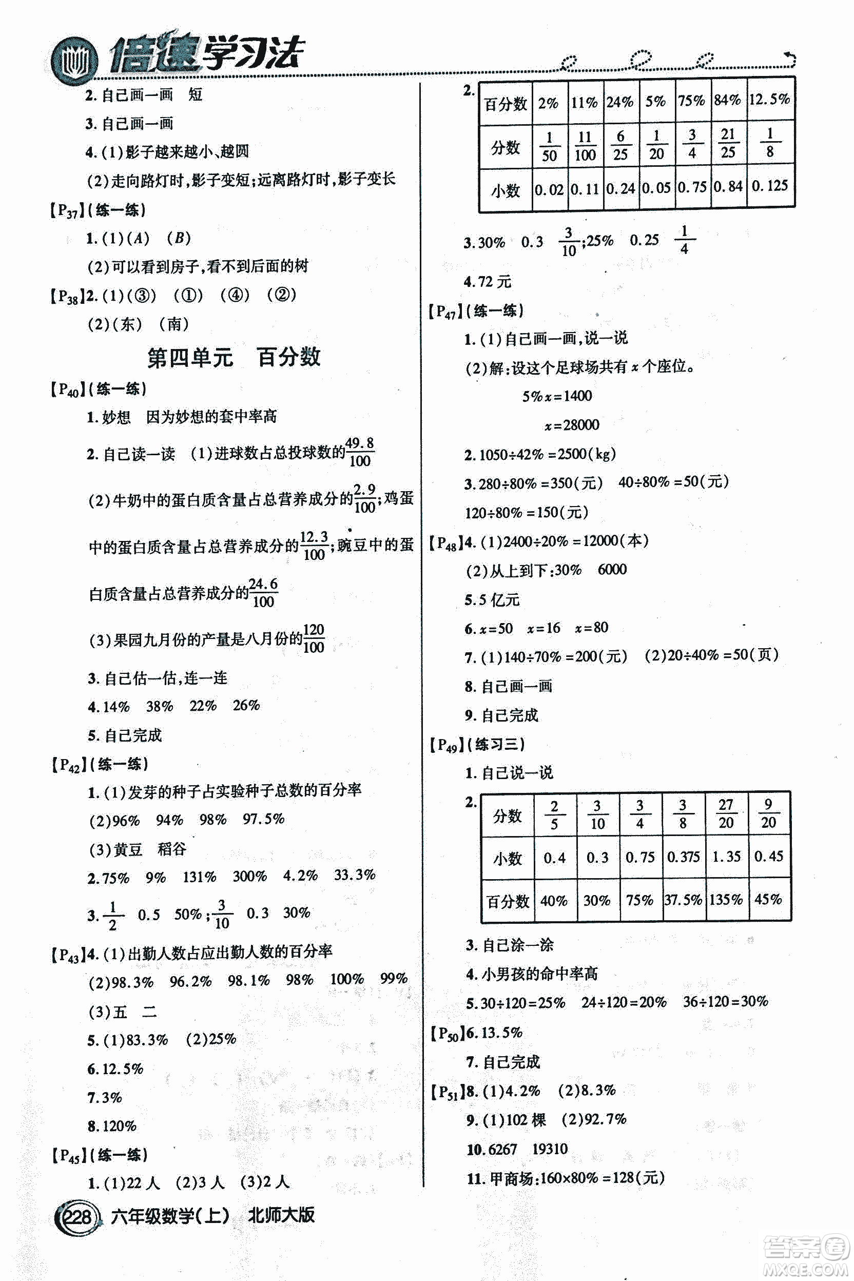 2018年小學(xué)數(shù)學(xué)倍速學(xué)習(xí)法六年級上冊北師大版參考答案