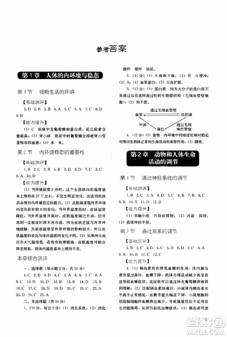 2018年同步解析與測(cè)評(píng)生物必修3穩(wěn)態(tài)與環(huán)境參考答案