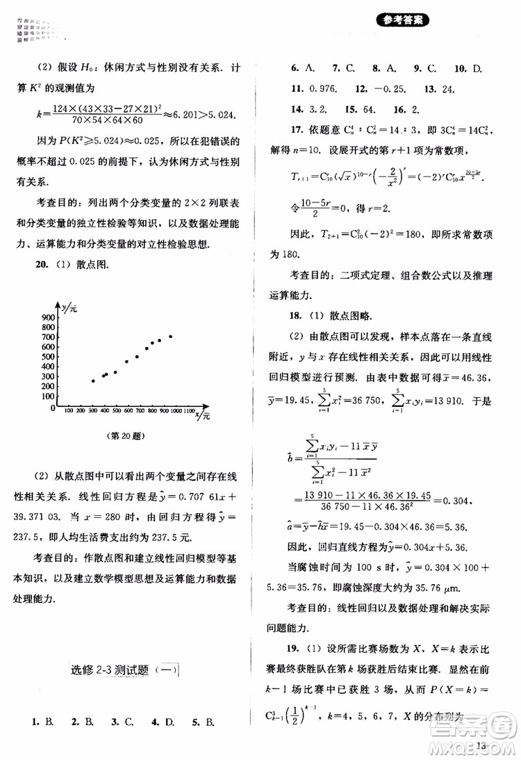 2018年同步解析與測評數(shù)學A版選修2-3參考答案