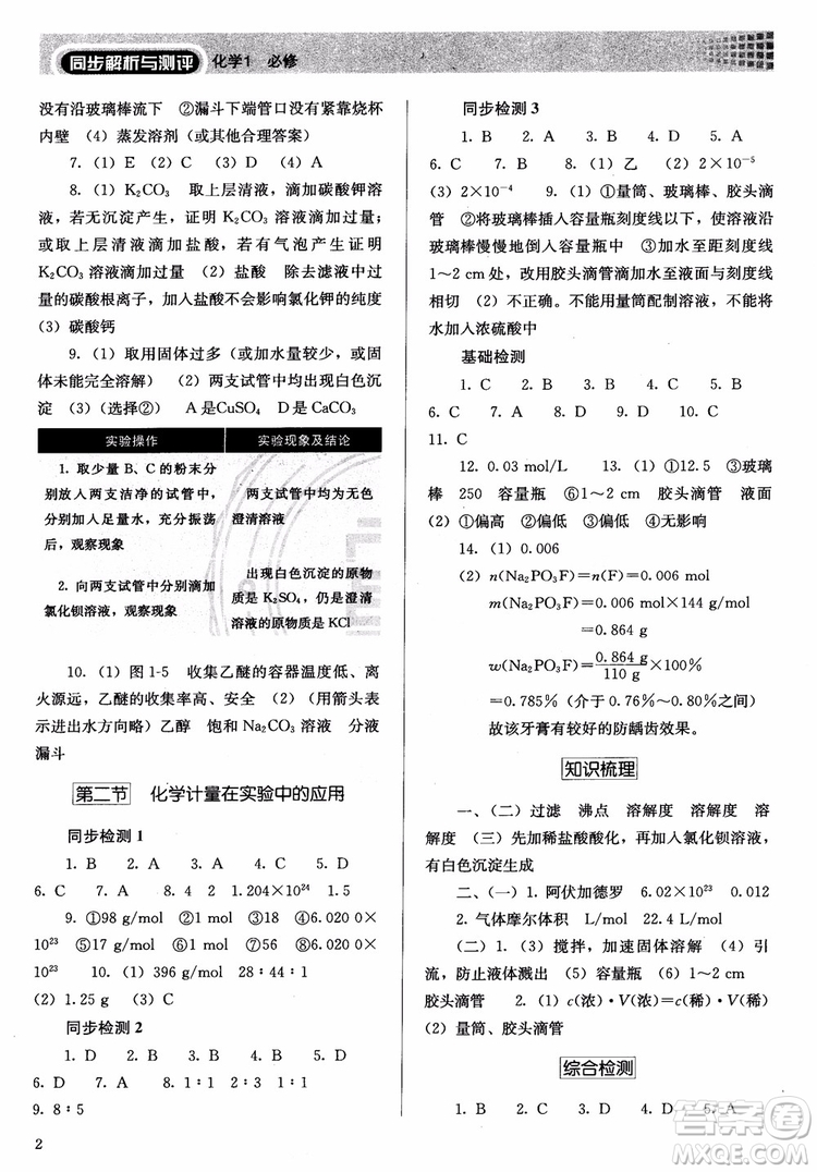 2018人教金學典高中化學必修1同步解析與測評參考答案