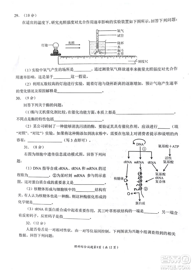 綿陽市高中2016級第一次診斷性考試理科綜合能力測試試卷及參考答案