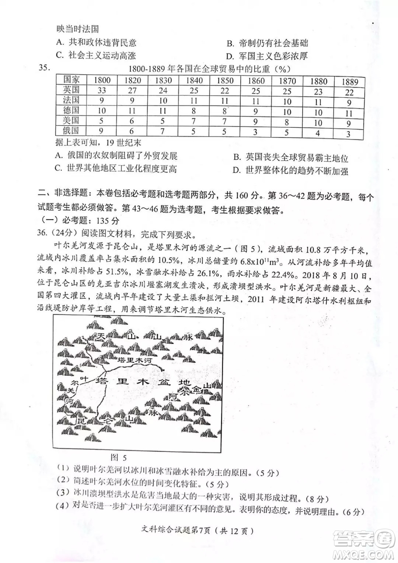 2018—2019年度綿陽市高中2016級第一次診斷性考試文科綜合能力測試試卷及參考答案