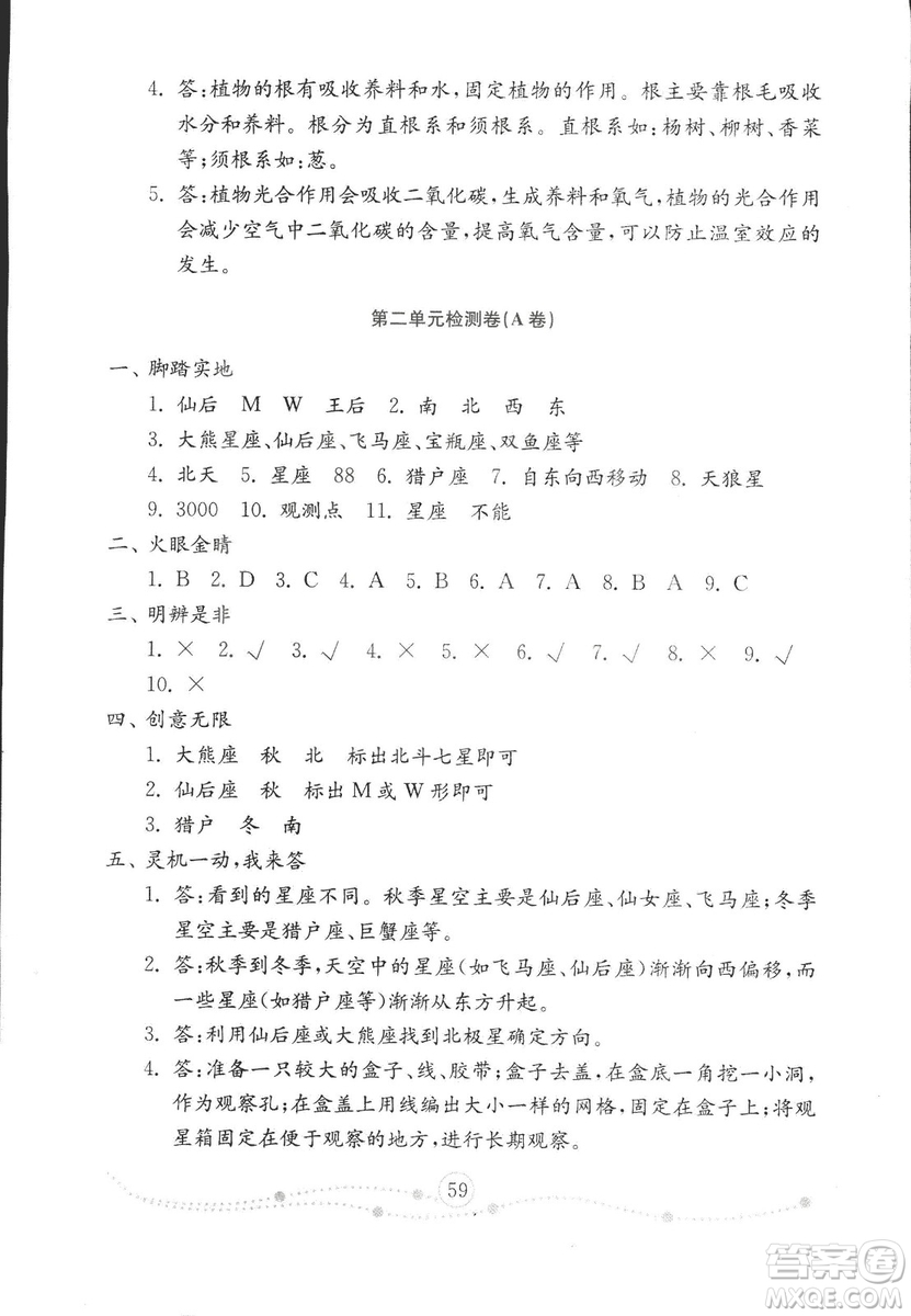 2018版金鑰匙科學(xué)試卷四年級(jí)上冊(cè)五四制參考答案