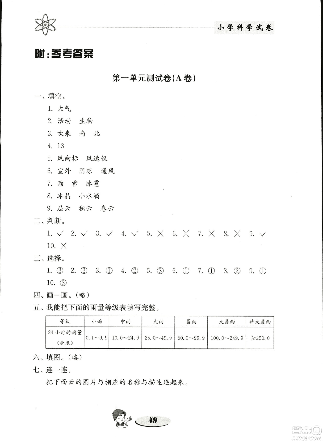 金鑰匙小學科學試卷2018秋教科版四年級上冊參考答案