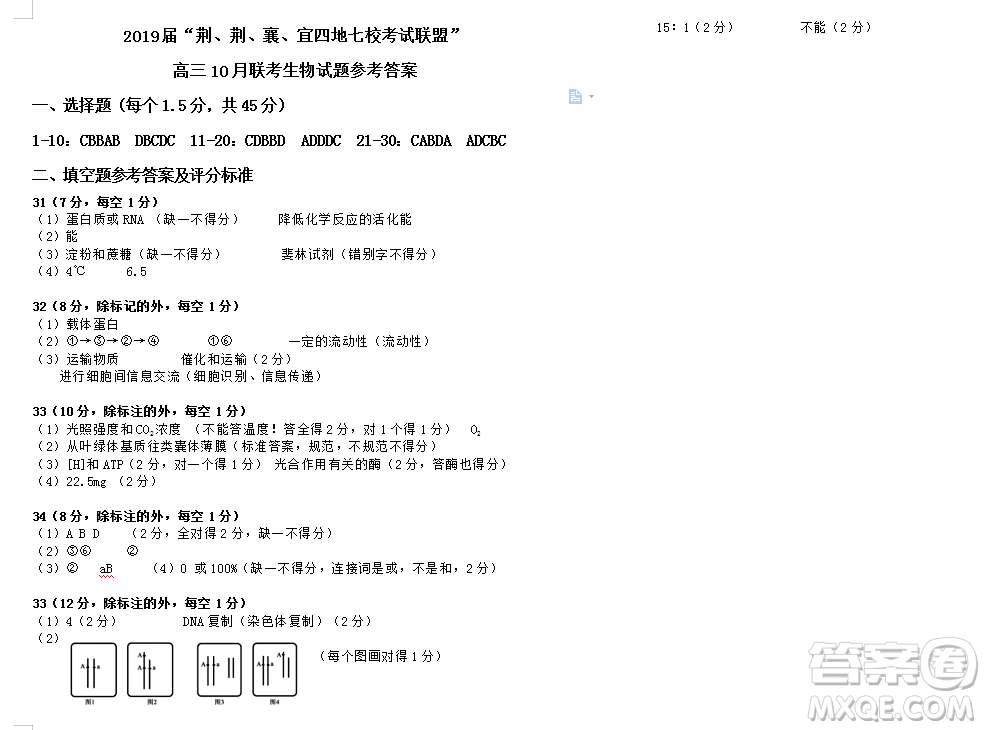 2019屆荊荊襄宜四地七?？荚嚶?lián)盟高三10月聯(lián)考生物答案