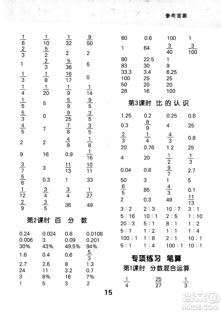 小兒郎2018新版小學口算大通關六年級上冊北師大版BSD參考答案