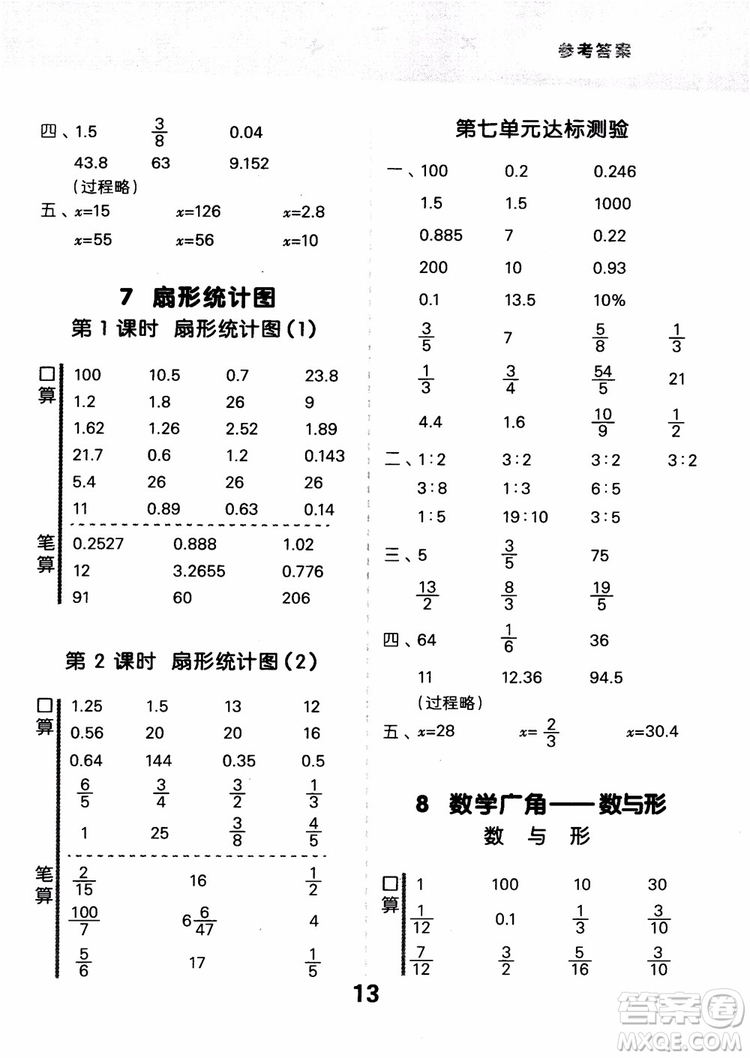 小兒郎人教版2018秋新品小學(xué)口算大通關(guān)六年級(jí)數(shù)學(xué)上冊(cè)參考答案