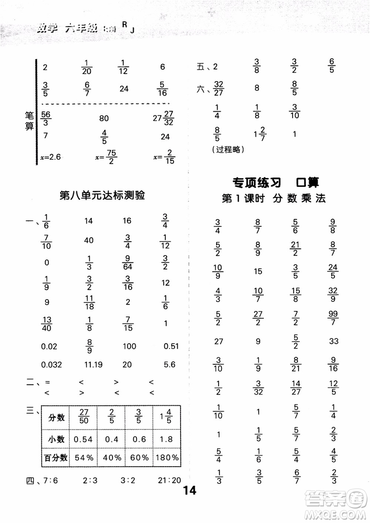 小兒郎人教版2018秋新品小學(xué)口算大通關(guān)六年級(jí)數(shù)學(xué)上冊(cè)參考答案