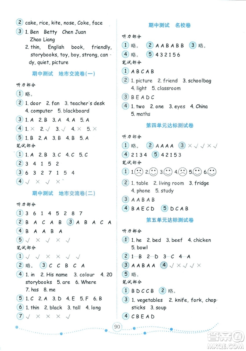 2018年金版小學(xué)英語試卷金鑰匙人教版PEP四年級上冊三年級起點(diǎn)參考答案