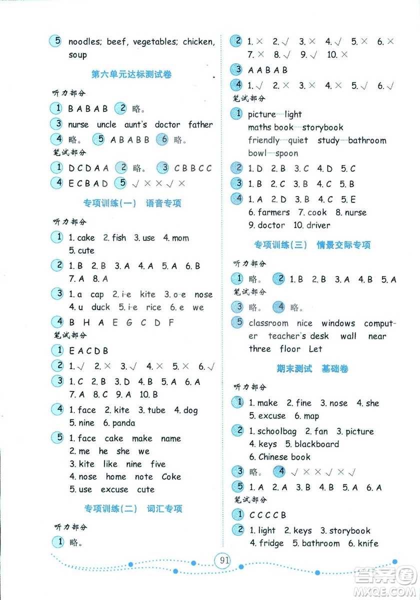 2018年金版小學(xué)英語試卷金鑰匙人教版PEP四年級上冊三年級起點(diǎn)參考答案