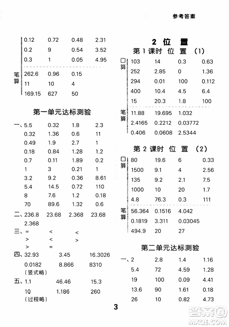 2018年秋小學(xué)口算大通關(guān)數(shù)學(xué)五年級上冊RJ人教參考答案