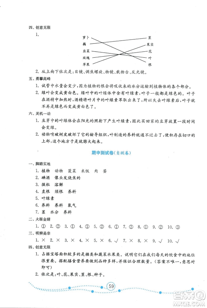 金版2018年小學(xué)科學(xué)試卷金鑰匙青島版四年級(jí)上冊(cè)參考答案