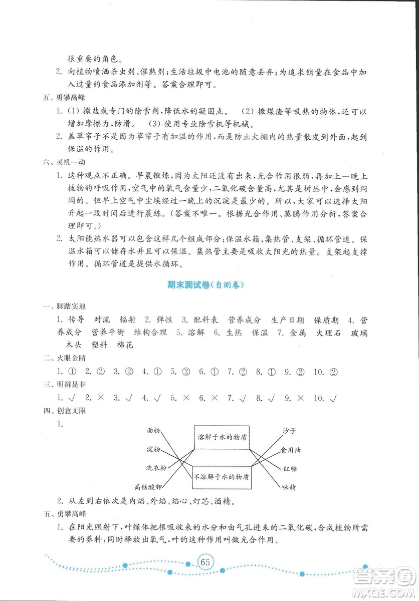 金版2018年小學(xué)科學(xué)試卷金鑰匙青島版四年級(jí)上冊(cè)參考答案