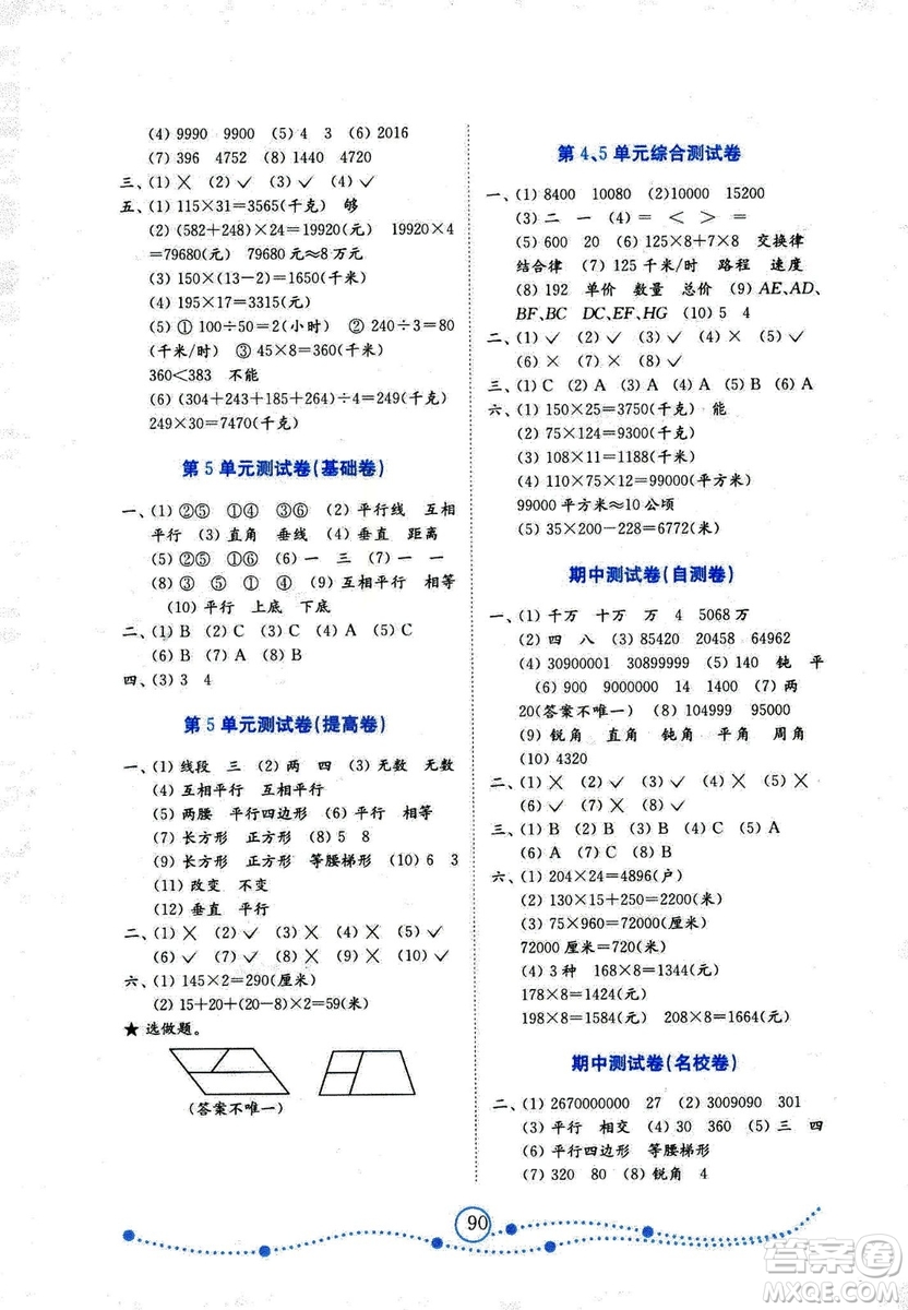 2018金版小學數(shù)學試卷金鑰匙人教版四年級上冊參考答案