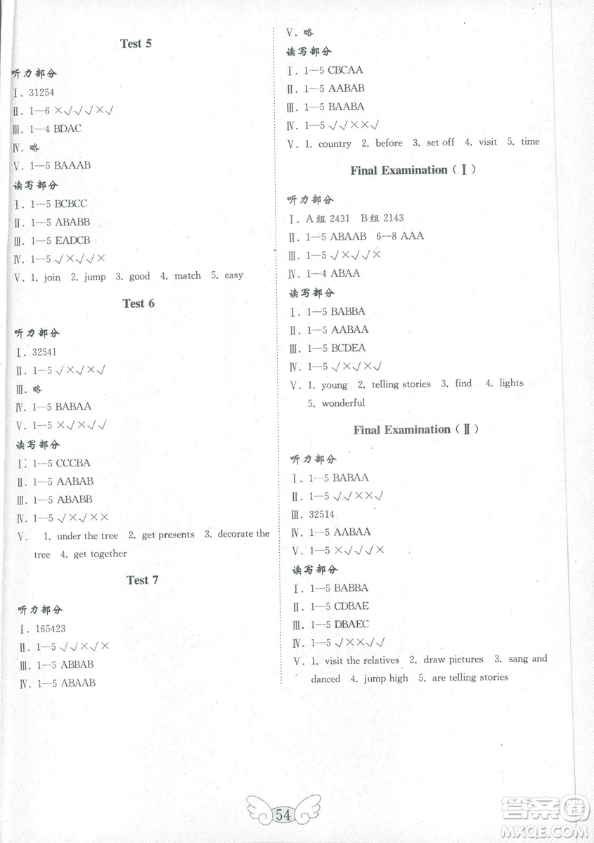 五四學(xué)制2018年金鑰匙英語(yǔ)試卷魯科版三年級(jí)起點(diǎn)五年級(jí)上冊(cè)參考答案