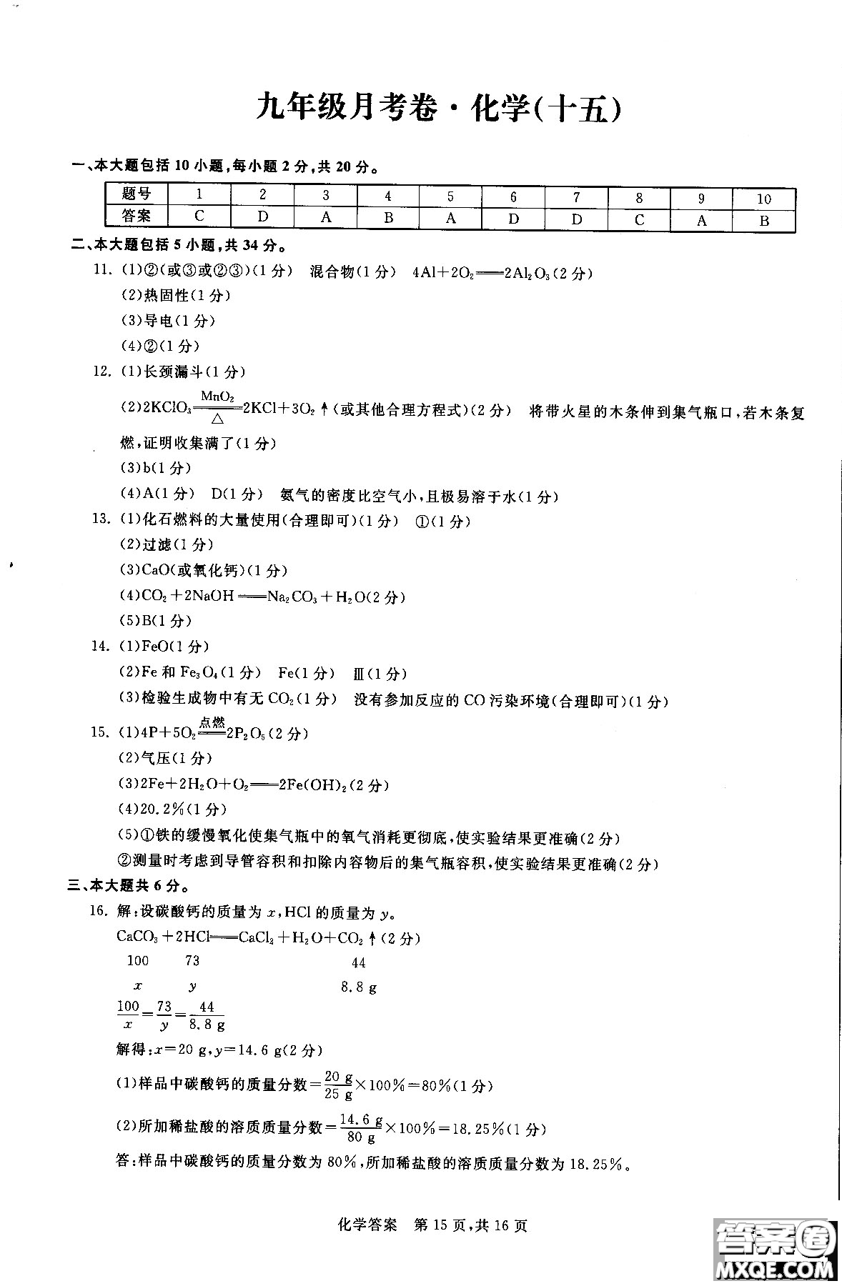 2018年優(yōu)加全能沖刺100分月考卷化學(xué)九年級(jí)全一冊(cè)參考答案