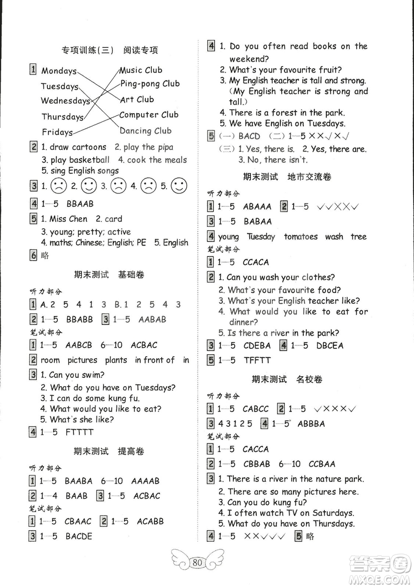 2018年金鑰匙小學(xué)英語試卷人教版PEP五年級上冊三年級起點參考答案