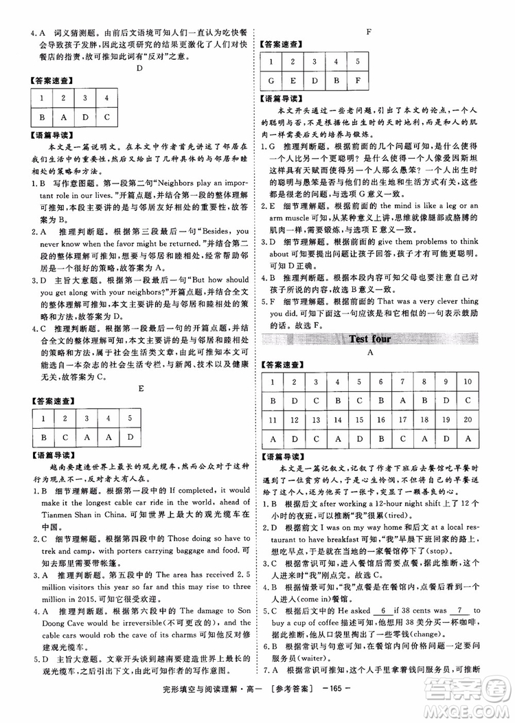 唐人英語2018頂尖訓練完形填空與閱讀理解160篇高一參考答案