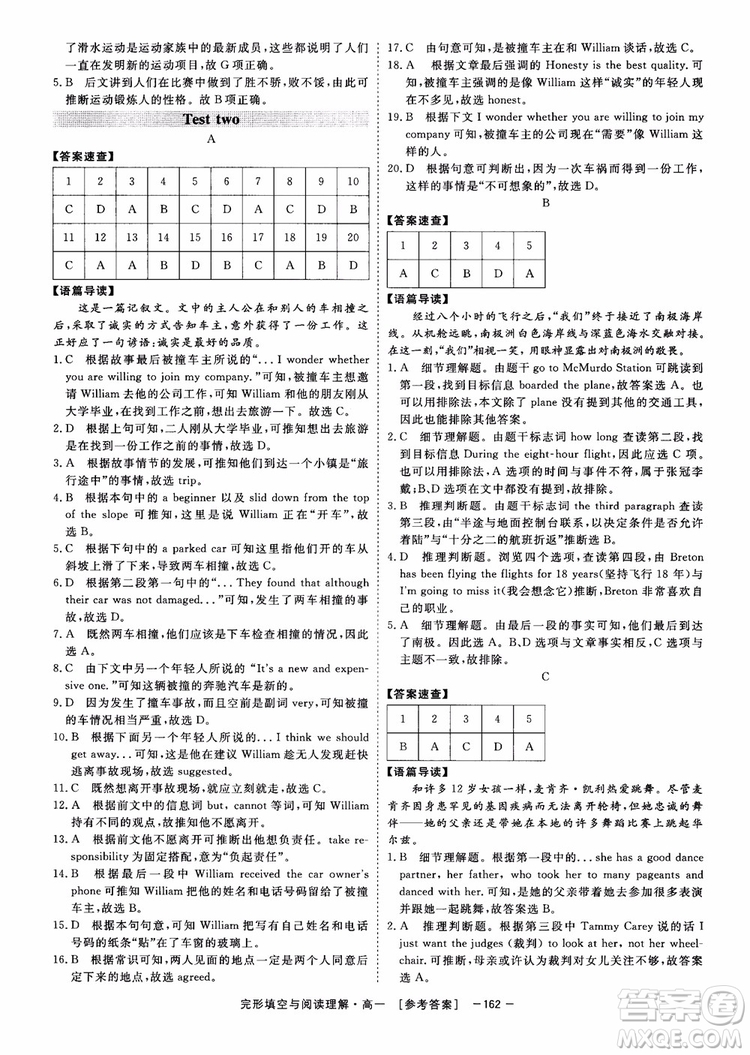 唐人英語2018頂尖訓練完形填空與閱讀理解160篇高一參考答案