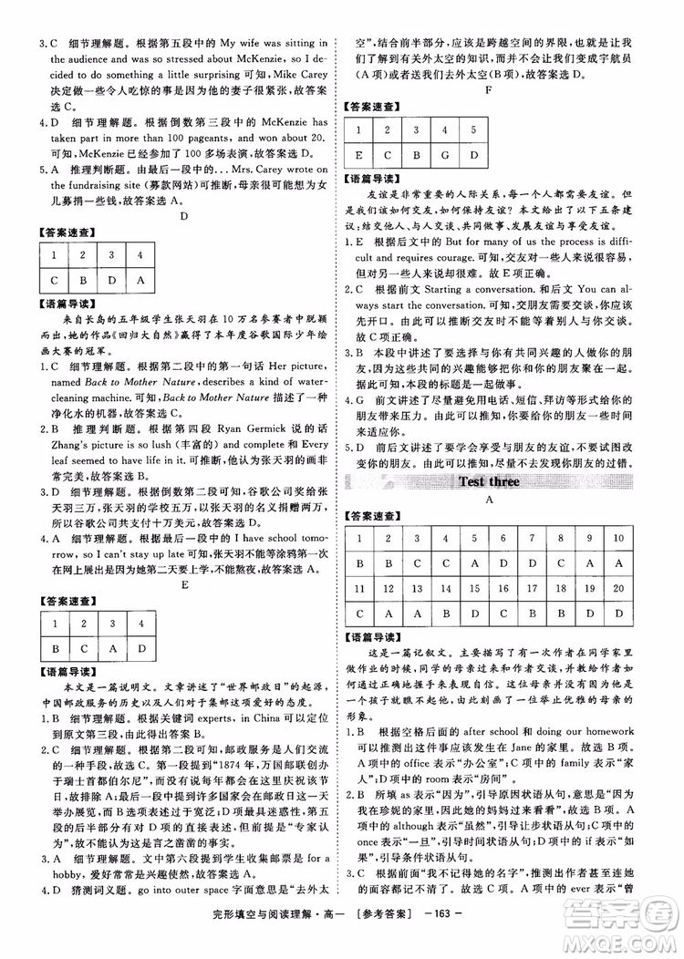 唐人英語2018頂尖訓練完形填空與閱讀理解160篇高一參考答案