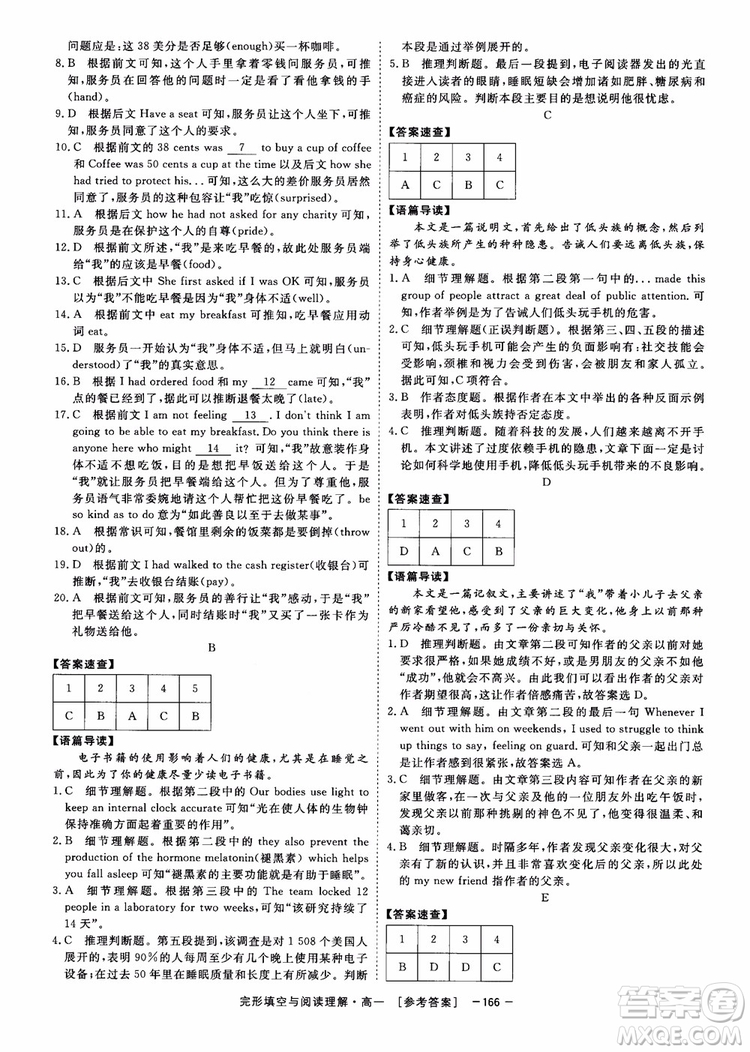 唐人英語2018頂尖訓練完形填空與閱讀理解160篇高一參考答案