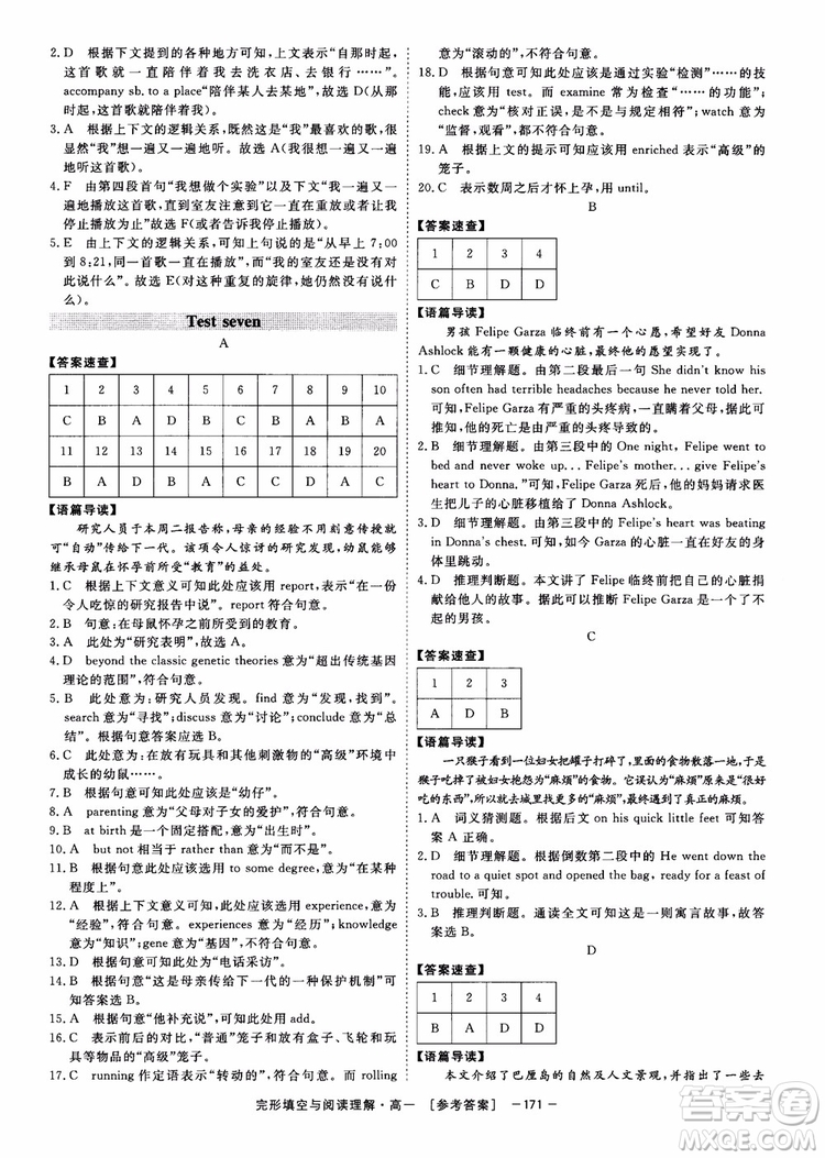 唐人英語2018頂尖訓練完形填空與閱讀理解160篇高一參考答案