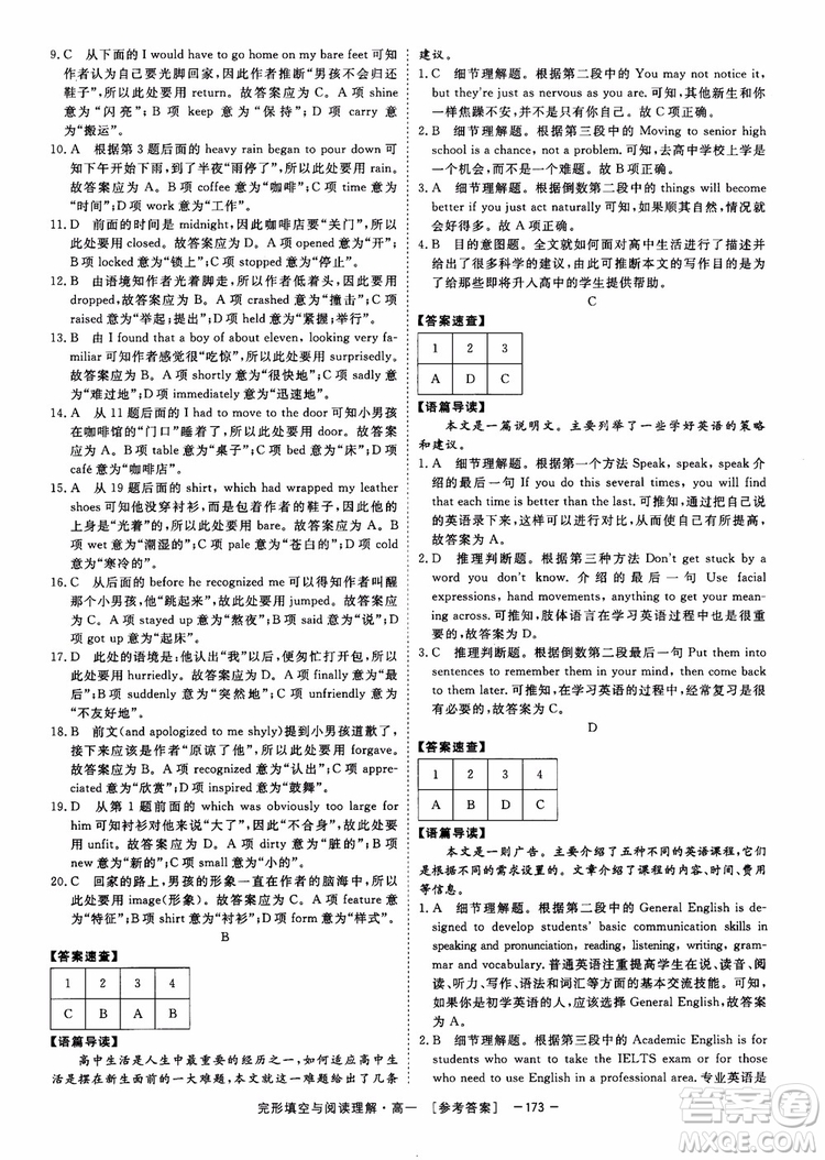 唐人英語2018頂尖訓練完形填空與閱讀理解160篇高一參考答案