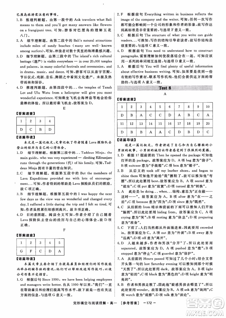 唐人英語2018頂尖訓練完形填空與閱讀理解160篇高一參考答案