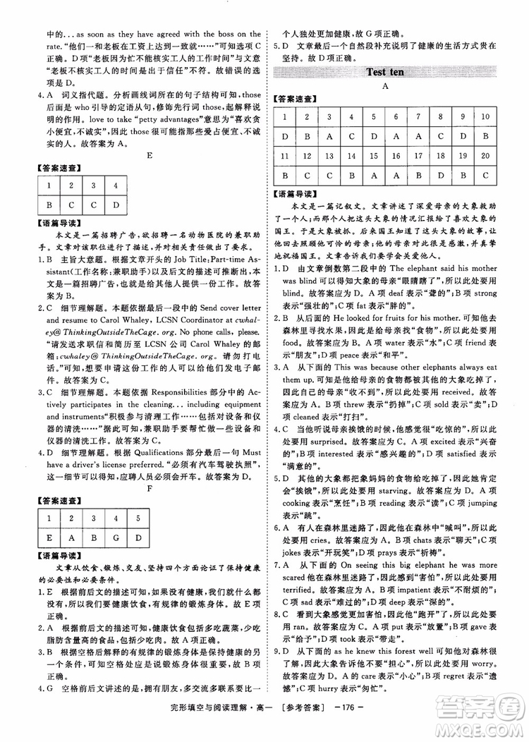 唐人英語2018頂尖訓練完形填空與閱讀理解160篇高一參考答案