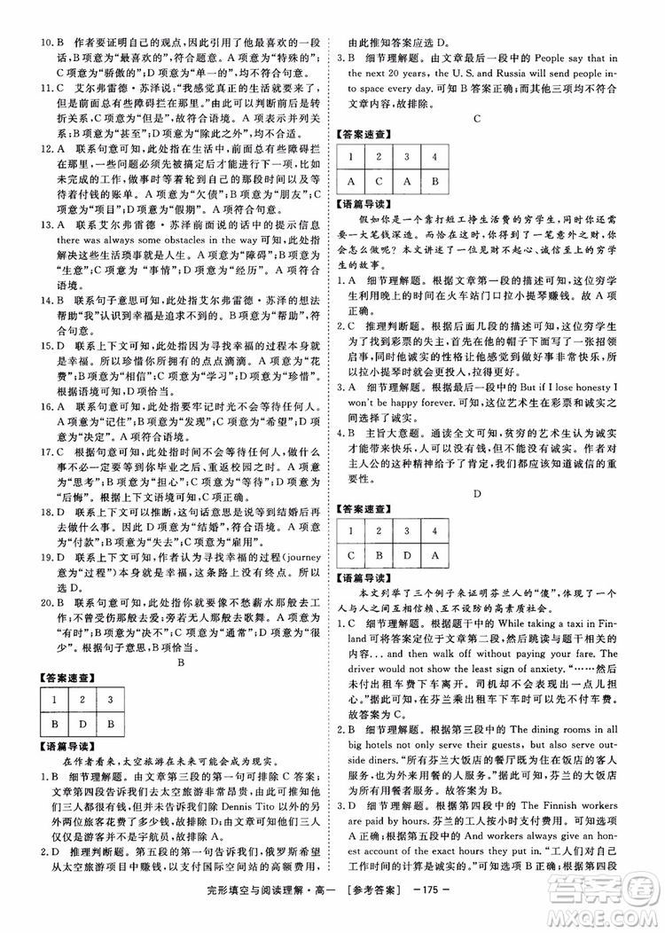 唐人英語2018頂尖訓練完形填空與閱讀理解160篇高一參考答案