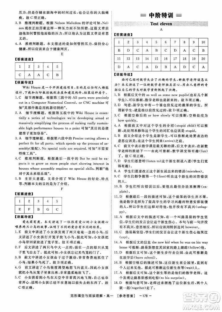 唐人英語2018頂尖訓練完形填空與閱讀理解160篇高一參考答案