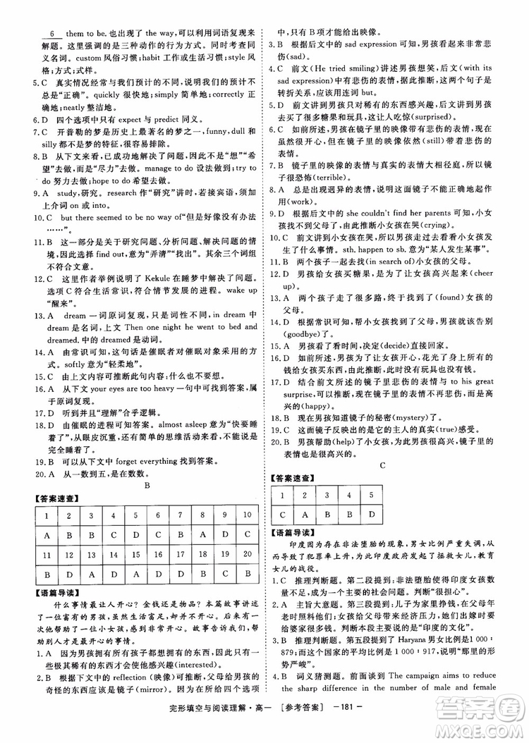 唐人英語2018頂尖訓練完形填空與閱讀理解160篇高一參考答案