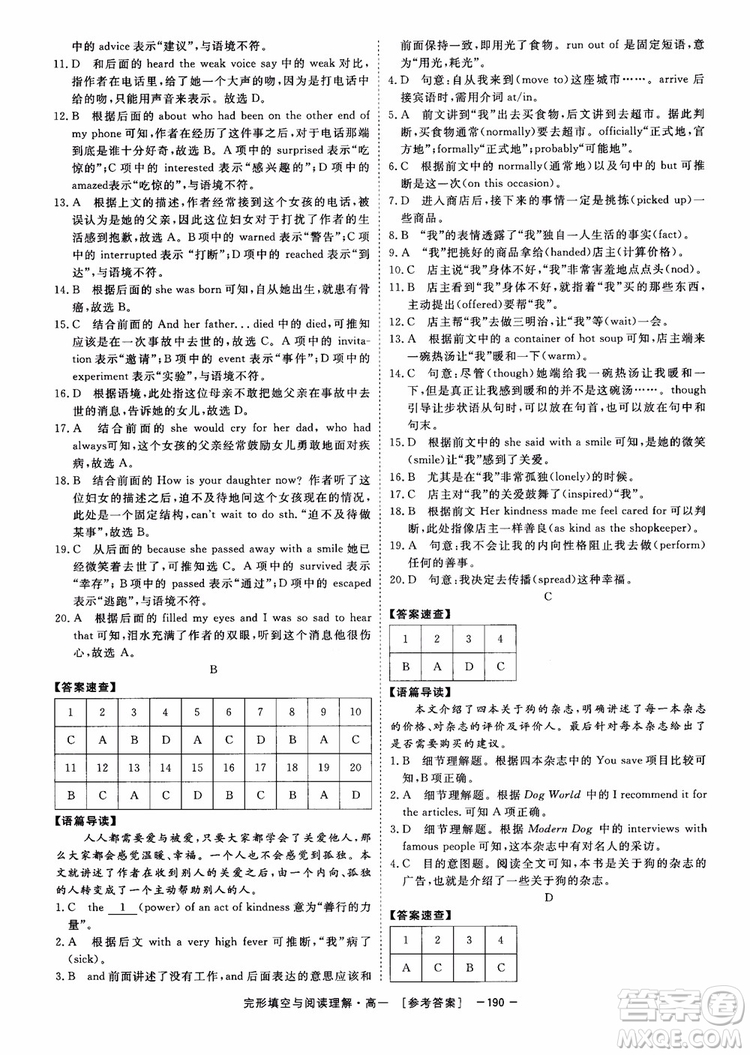 唐人英語2018頂尖訓練完形填空與閱讀理解160篇高一參考答案