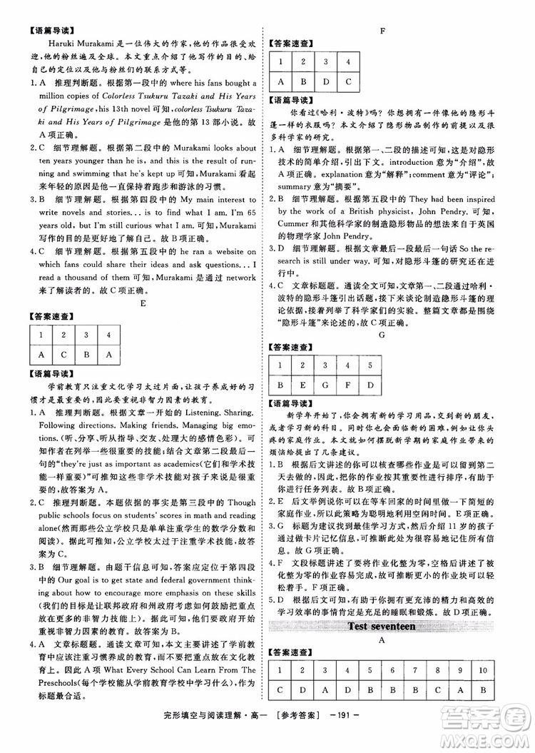 唐人英語2018頂尖訓練完形填空與閱讀理解160篇高一參考答案