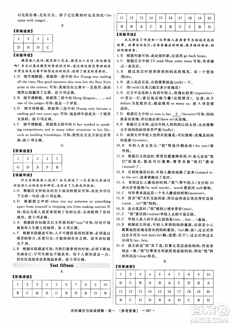 唐人英語2018頂尖訓練完形填空與閱讀理解160篇高一參考答案