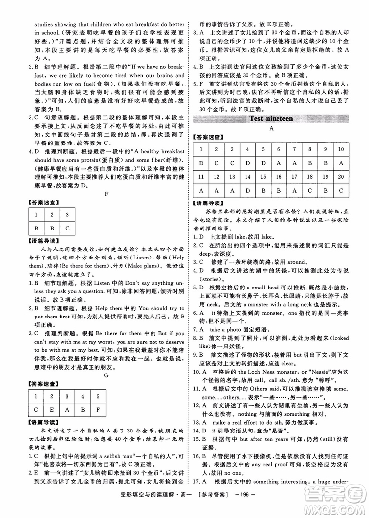 唐人英語2018頂尖訓練完形填空與閱讀理解160篇高一參考答案