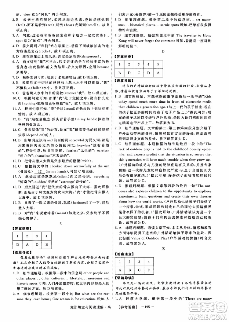 唐人英語2018頂尖訓練完形填空與閱讀理解160篇高一參考答案