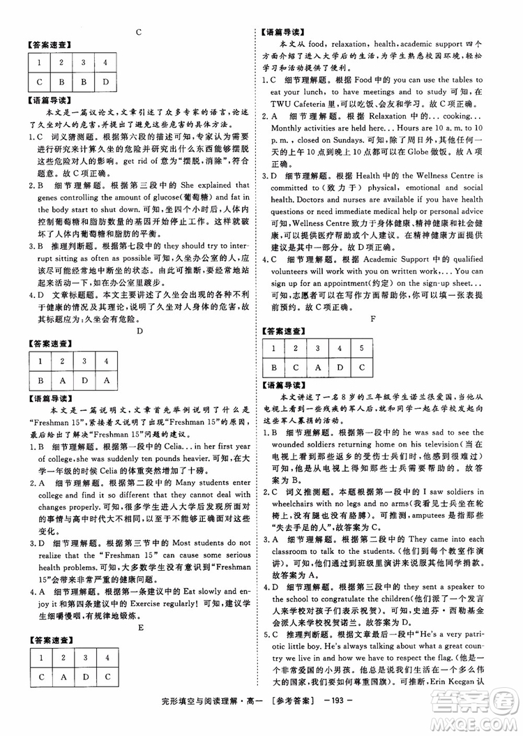 唐人英語2018頂尖訓練完形填空與閱讀理解160篇高一參考答案