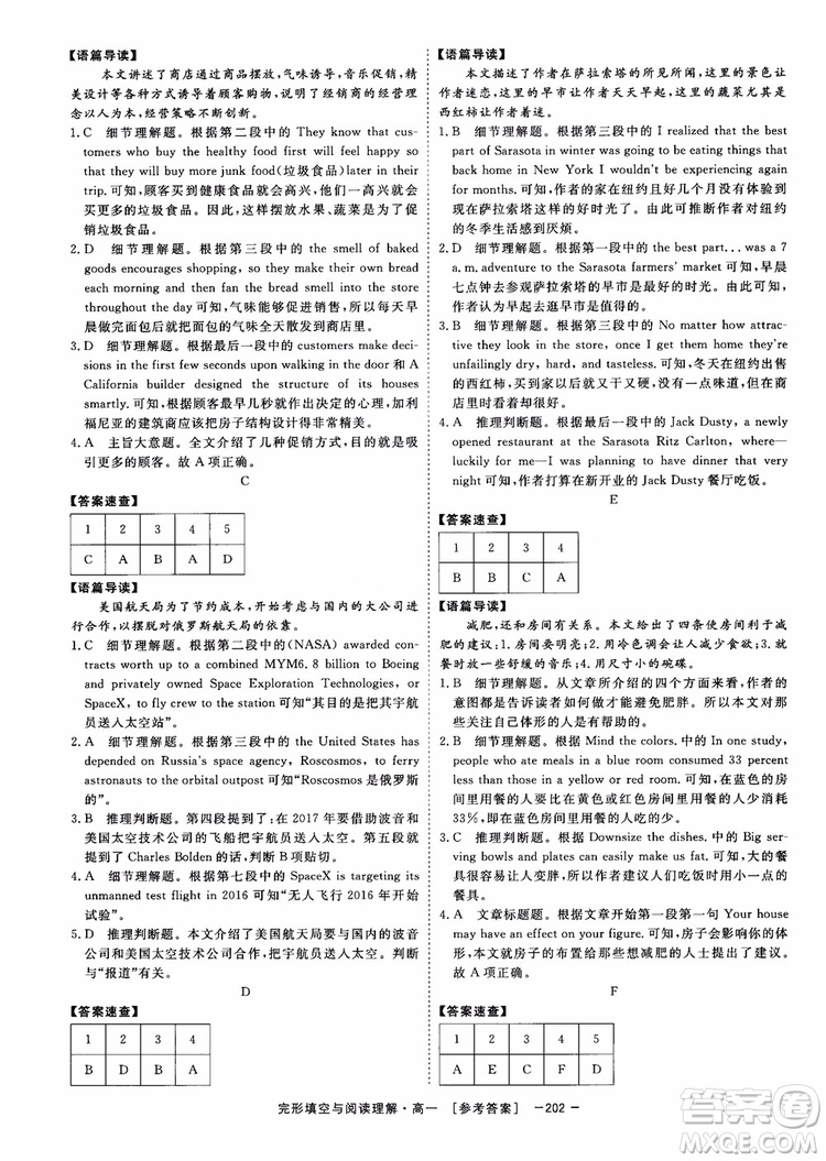 唐人英語2018頂尖訓練完形填空與閱讀理解160篇高一參考答案