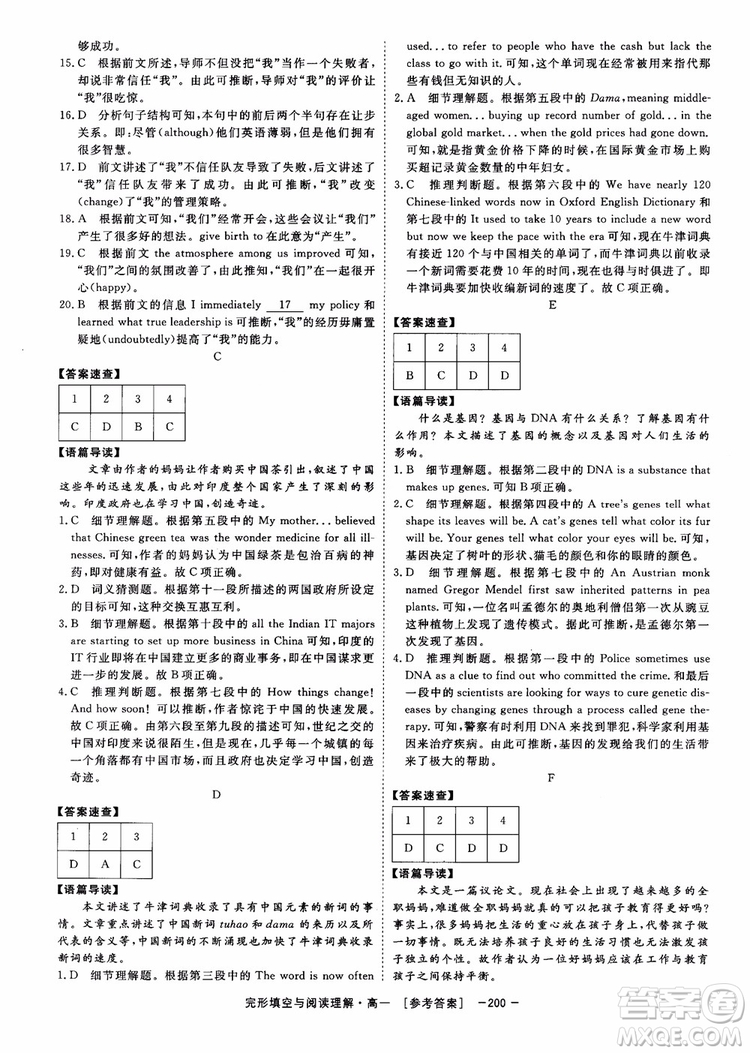 唐人英語2018頂尖訓練完形填空與閱讀理解160篇高一參考答案